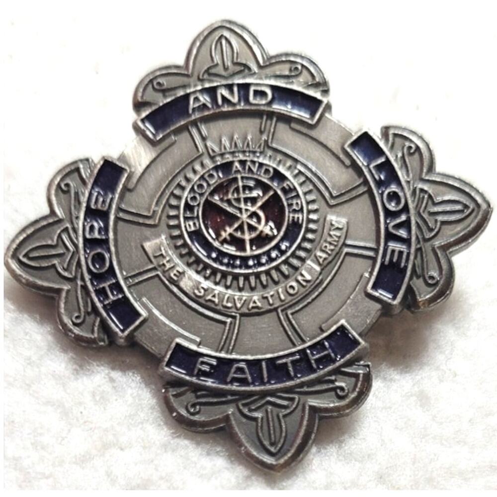 Salvation Army Pewter Pin Badge Blood and Fire Hope Love Faith Cross Blue Enamel